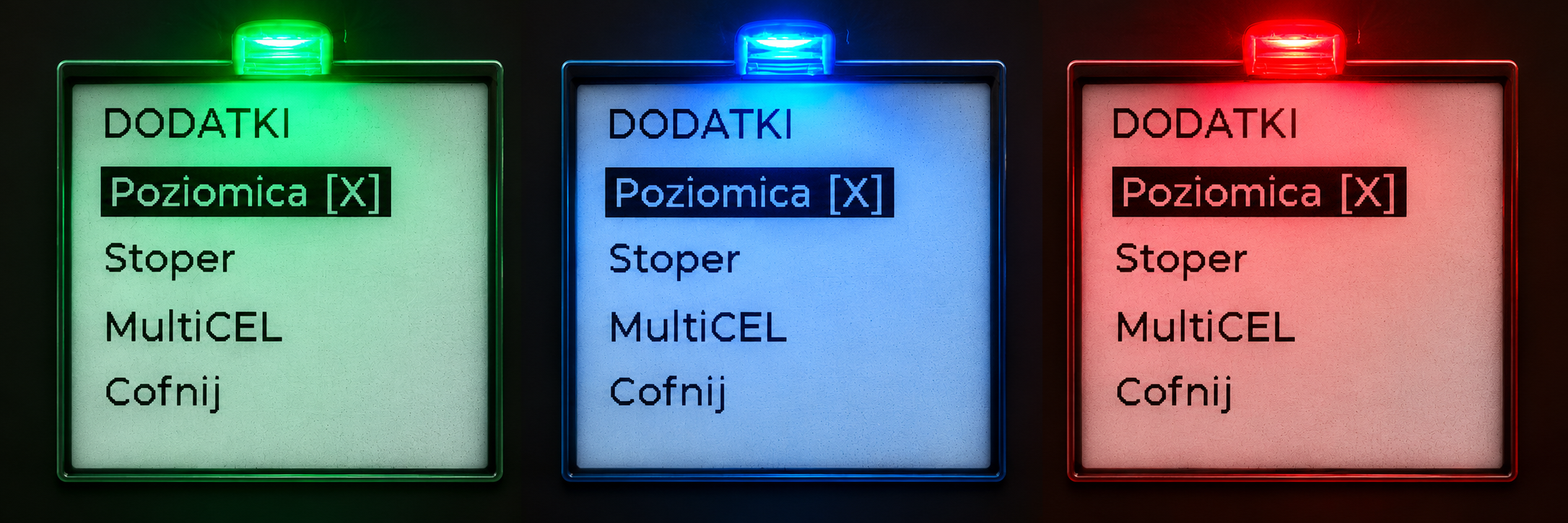 Zielona, niebieska i czerwona dioda nad E-Ink
